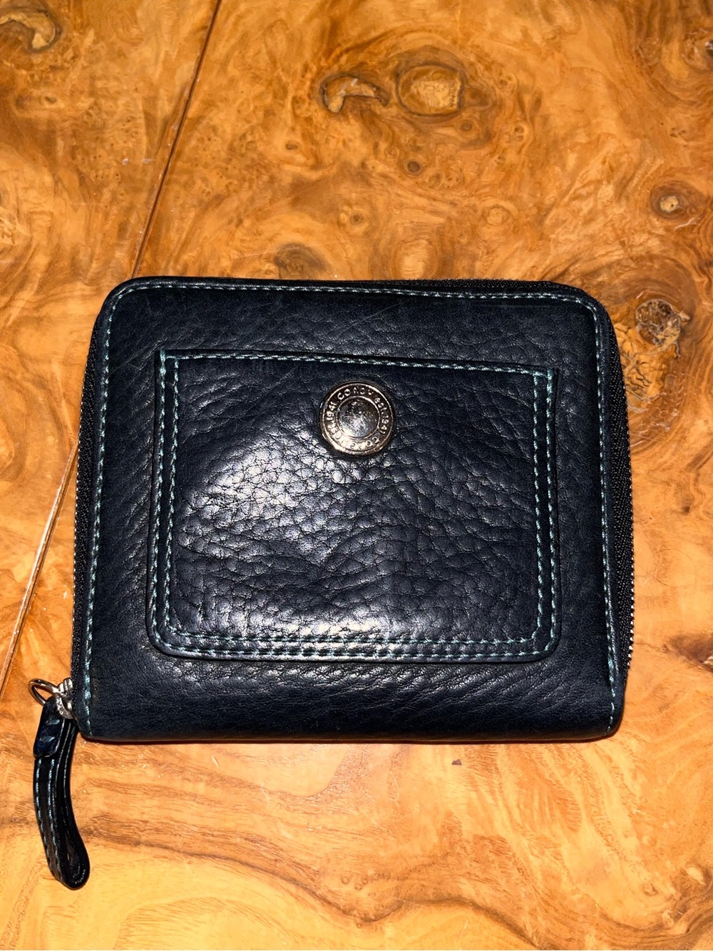 Coach Black Pebbled Leather Zip Wallet with Snap Pocket